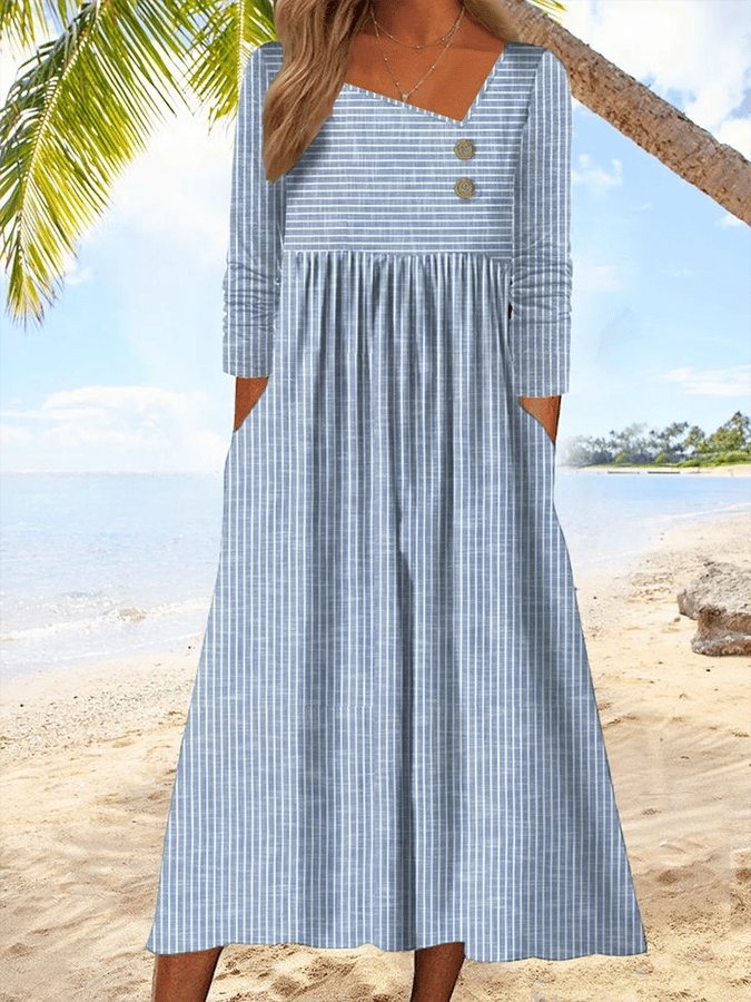Women's Retro Striped Pockets And Buttons Casual Dress 