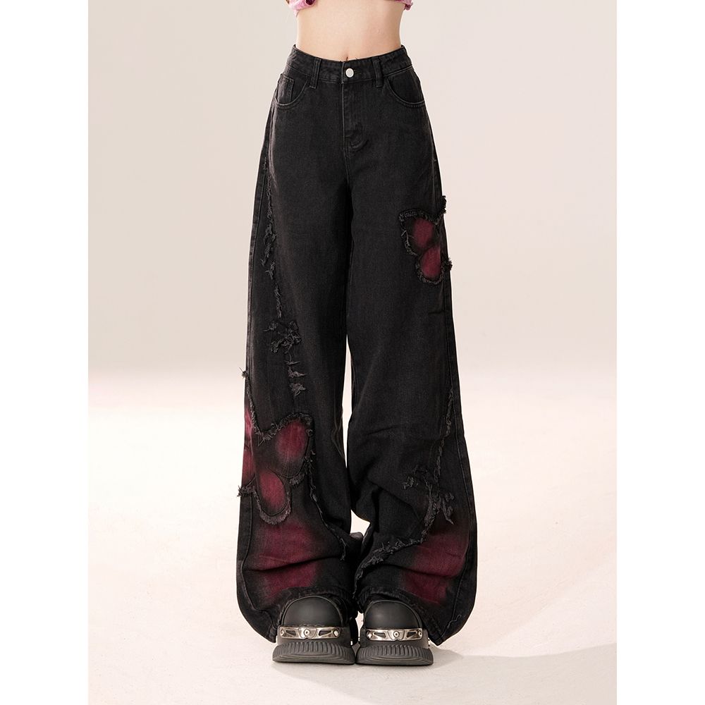 Issacrm costumes for women hot Black sweet and cool jeans for women new style washed distressed raw edge wide leg pants with butterfly pattern design trousers
