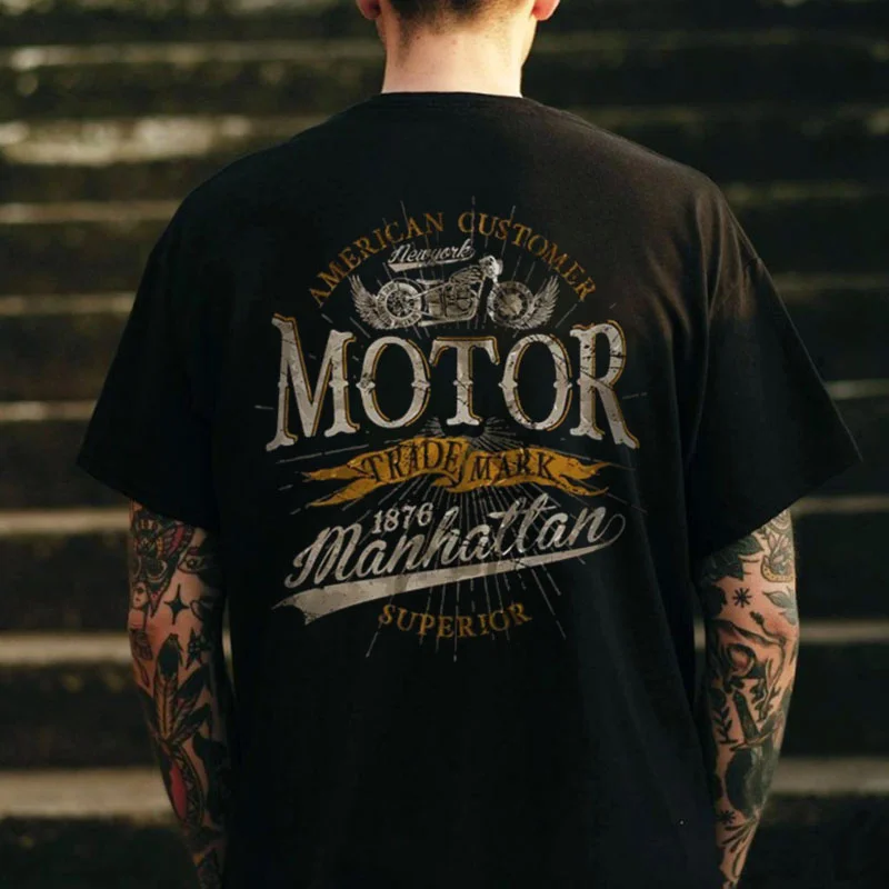 AMERICAN CUSTOMER MOTOR 1876 Manhattan Graphic Casual Black Print T-shirt