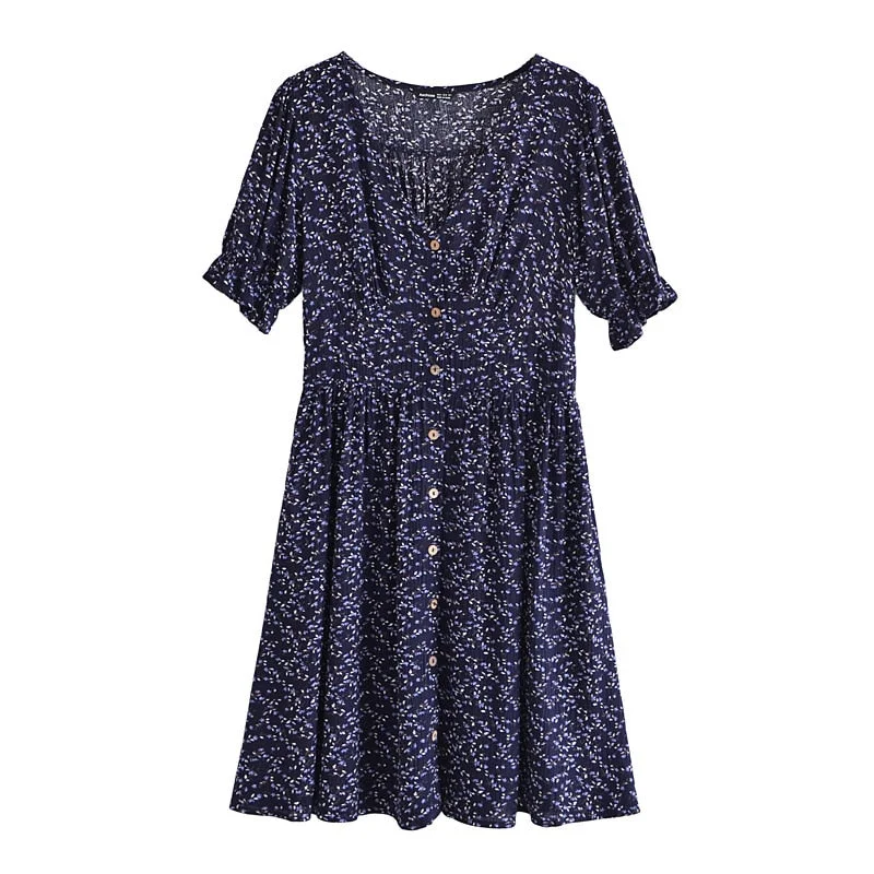 Aachoae Bohemian Floral Print Mini Dress Women V Neck Summer Beach Dress Ruffle Short Sleeve A-line Buttons Casual Dresses