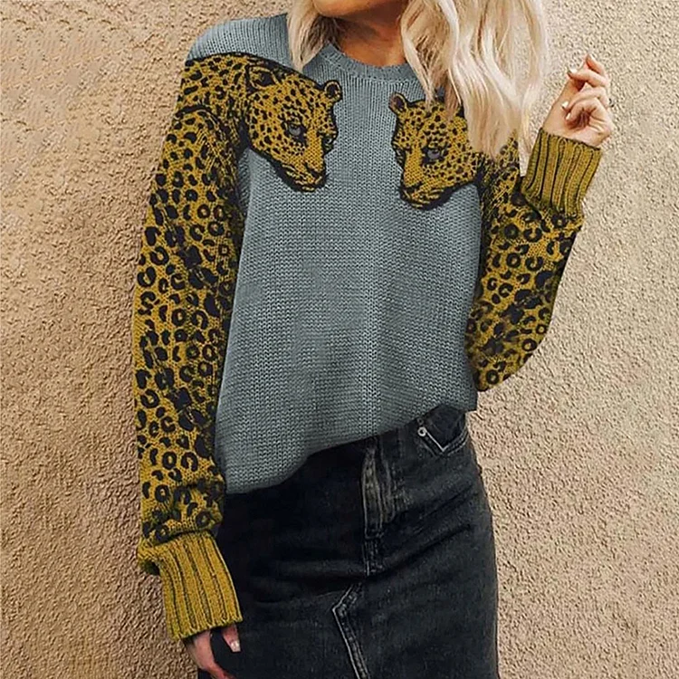 Vintage Leopard Crew Neck Pullover Sweater