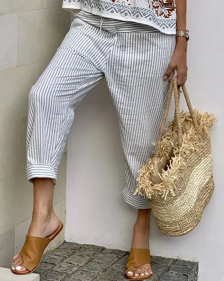 Cotton and Linen Stripes Ankle-Length Pants VangoghDress