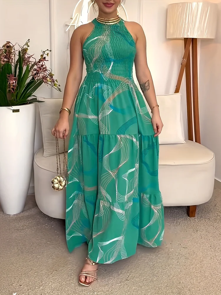 Abstract Line Print Halter Sleeveless Ruffle Hem Dress Casual Shirred Cinched Waist Maxi Dress