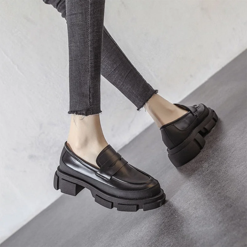 Retro Fashion Loafers Shoes For Women 2022 Spring New Designed British Style Cowhide Solid Color Platform Thicken Heel Shoes