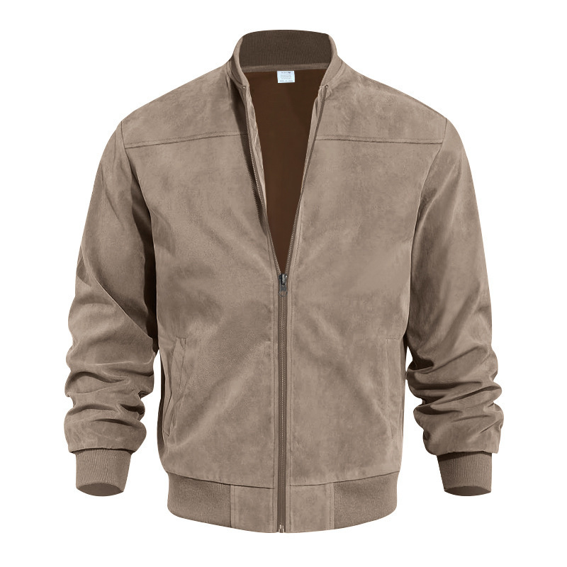 2026 Men’s Spring/Autumn Jacket Business Casual Suede Fleece Zip-Up Cardigan with Patchwork Stand Collar