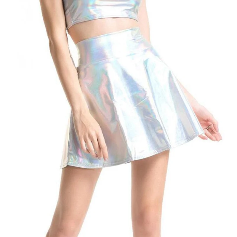 CUHAKCI Short Sexy High Waist Pleated Skirts Women Solid Casual Silver Gold Mini Laser Women Party Club