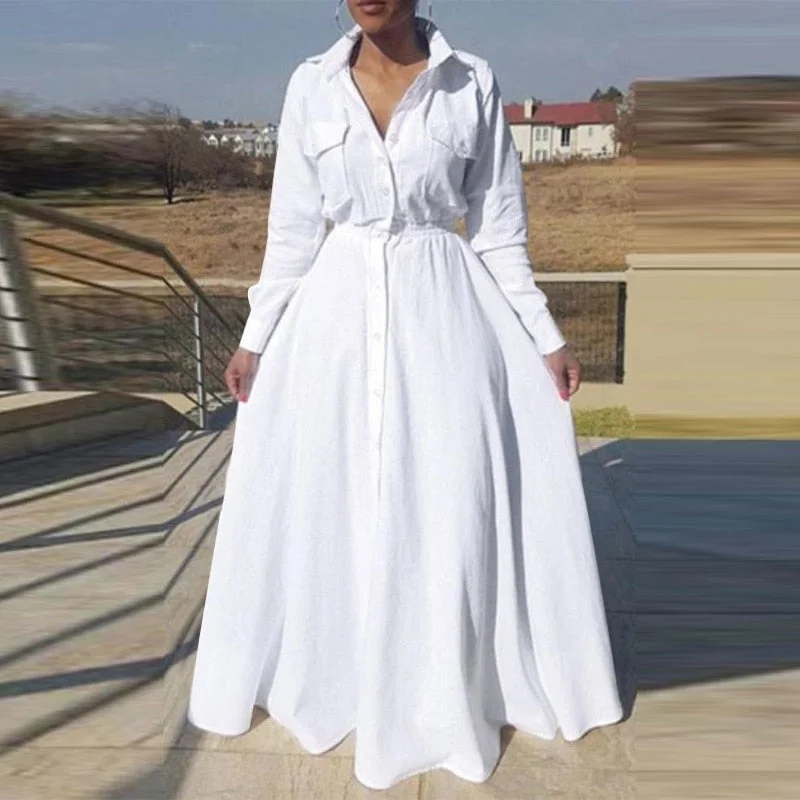 VONDA Oversized Women Maxi Sundress Lapel Collar Button Up Dress 2022 Spring Pleated Casual Robe Long Sleeve Bohemian Vestidos