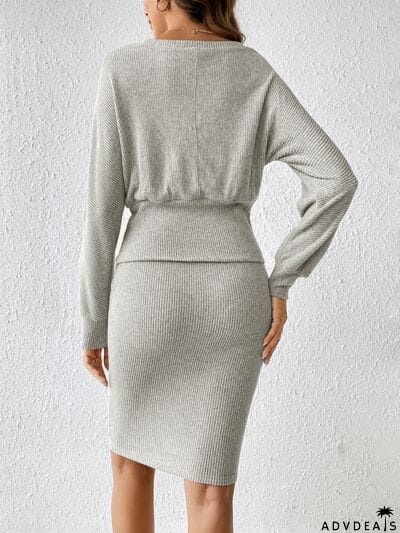 Ribbed Round Neck Top and Skirt Set