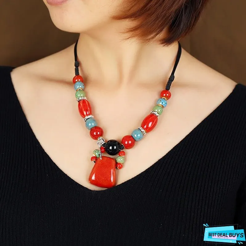 Retro Ethnic Style Ceramic Necklace for Womens Simple Collar Chain Versatile Red Pendant