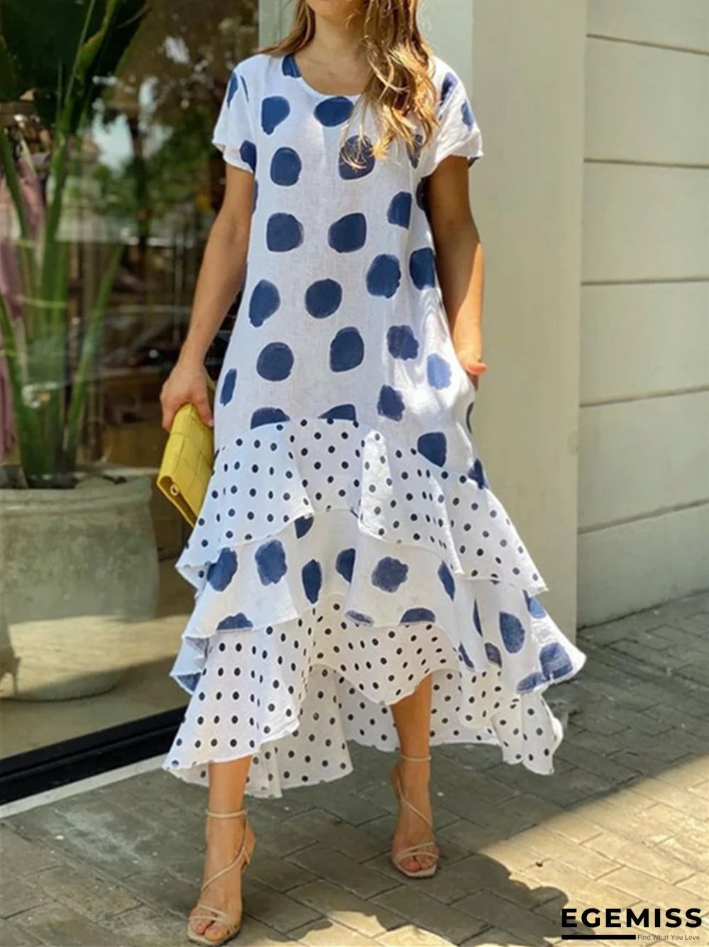 Short-sleeved Round Neck Polka Dot Long Dress Plus Size Women Dress | EGEMISS