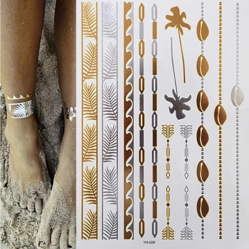 Women Body Art Gold Silver Metallic Tattoo Sticker Chain Bracelet Fake Jewelry Waterproof Temporary Tattoo Arm Sleeve Hand Wrist
