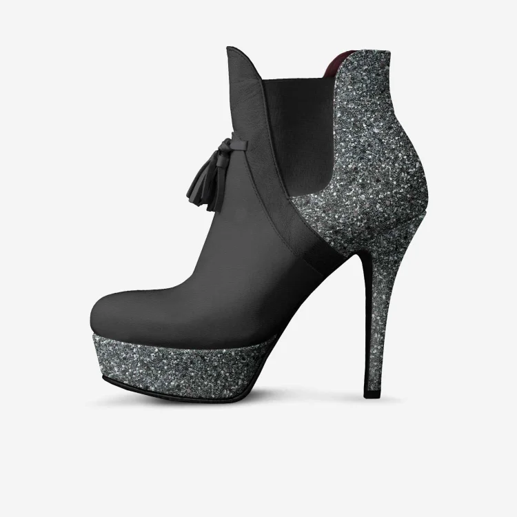Custom Made Black Glitter Fringe Detailed Ankle Boots |FSJ Shoes