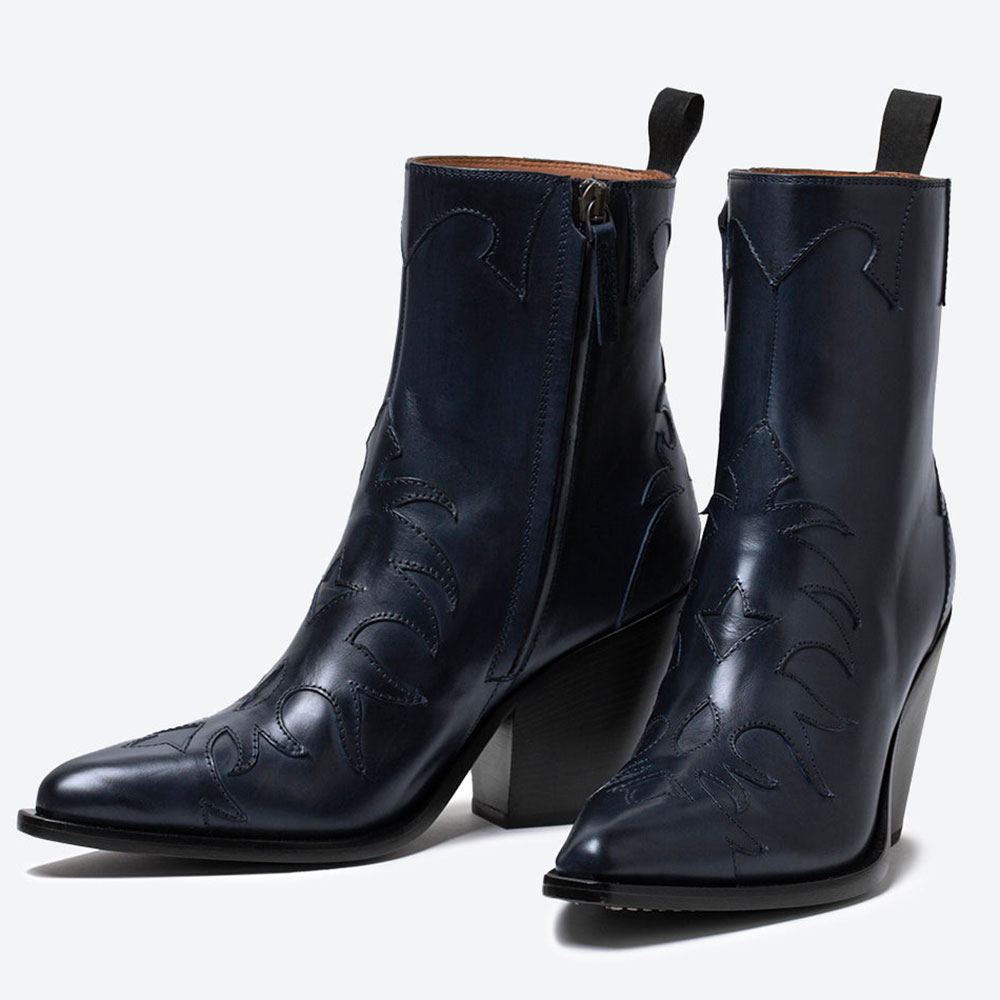 Navy Pointed Toe Flame Inlay Zipper Cowgirl Boots with Chunky Heel Nicepairs