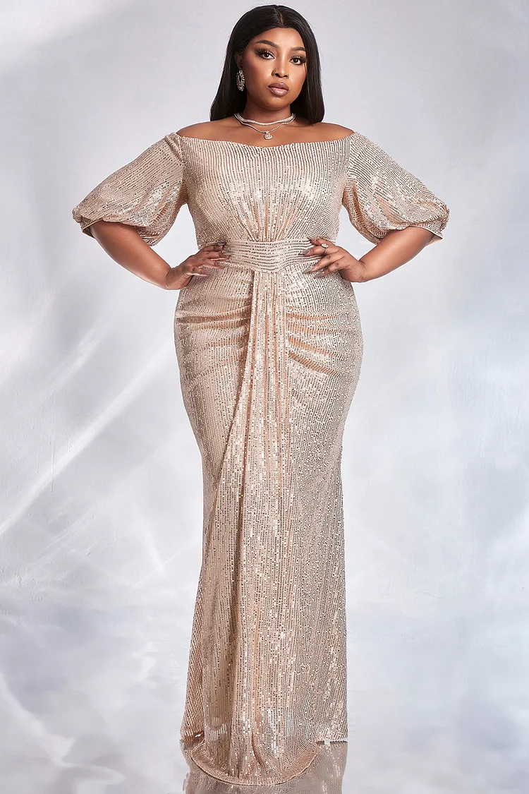 Plus Size Prom Formal Evening Dress Champagne Sequined Off-Shoulder Short-Sleeved Fishtail Long Maxi Dress [Pre-Order]