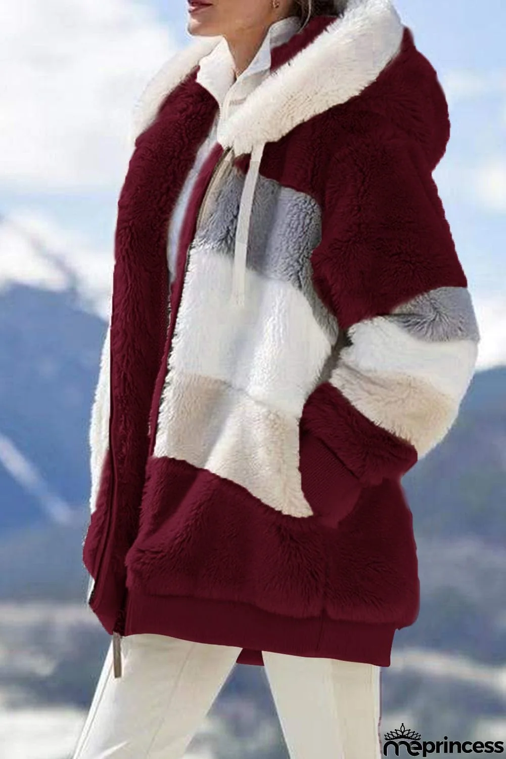 Colorblock Zip Up Sherpa Coat with Hooded