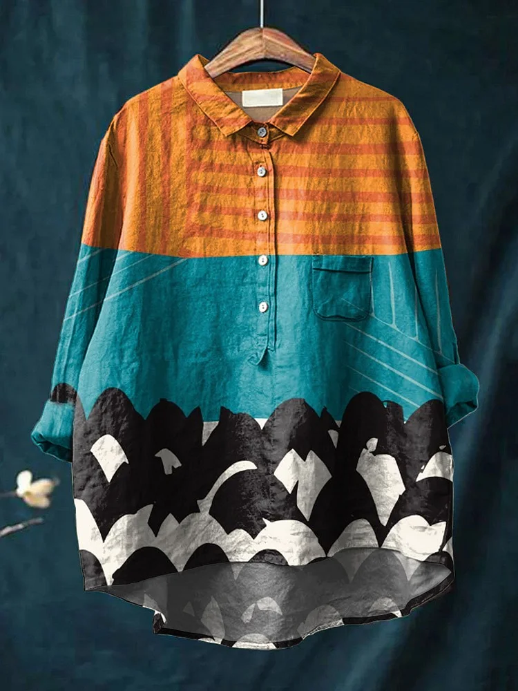 Vintage Geometric Pattern Art Print Casual Cotton And Linen Shirt