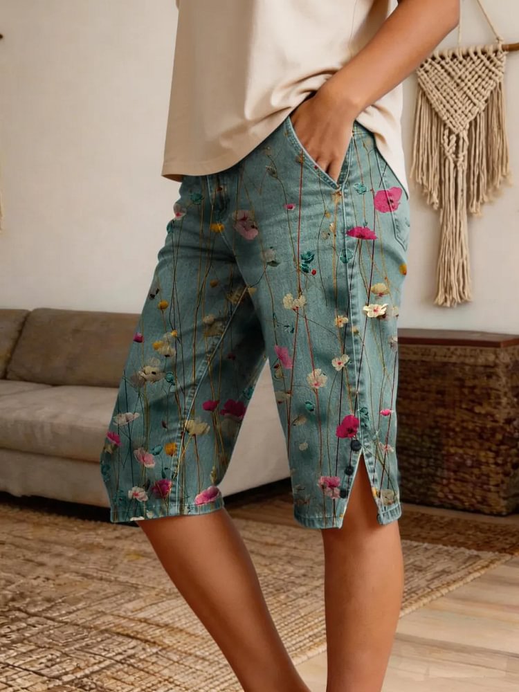 Women's Retro Floral Art Print Casual Denim Shorts