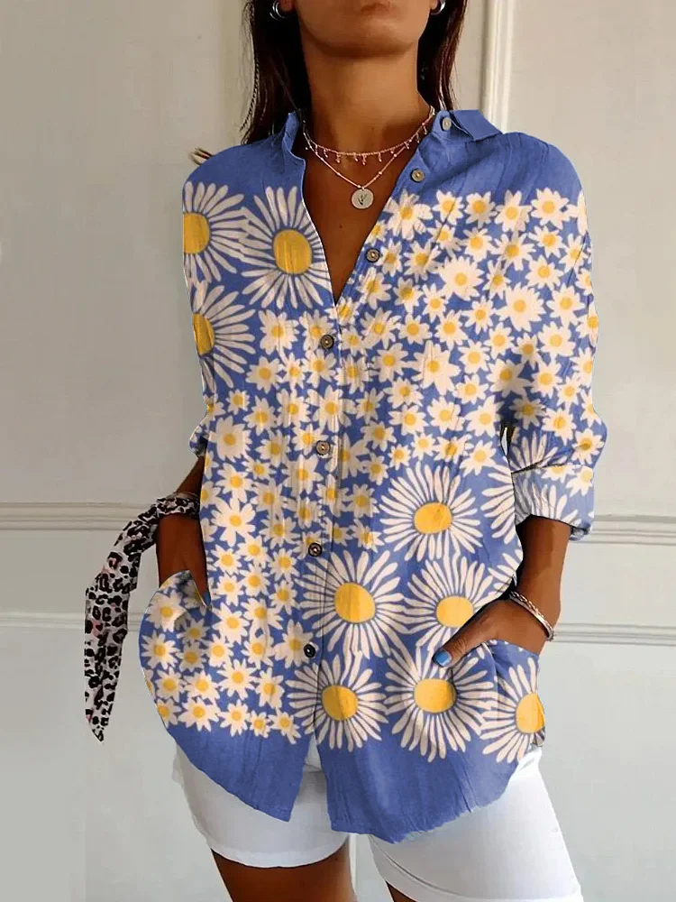 Japanese Art Daisy Print Casual Long-sleeved Shirt