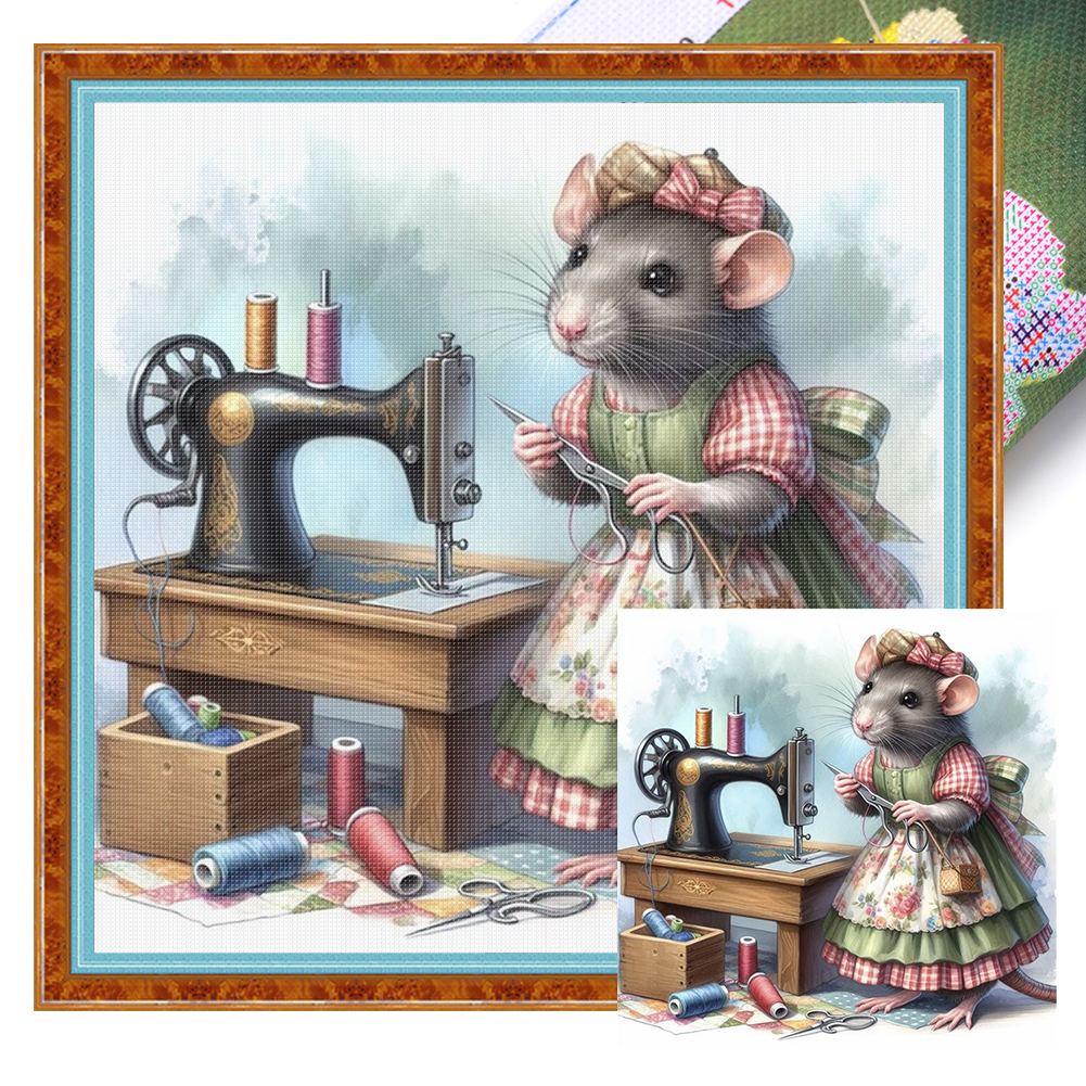 Sewing Machine Mouse Full 11CT Pre-stamped Canvas(40*40cm) Cross Stitch
