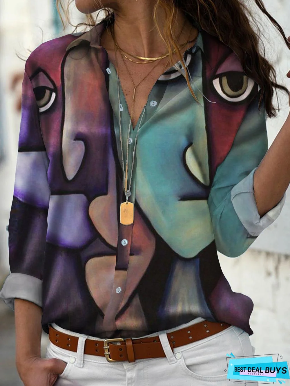 Abstract Long Sleeve Statement Blouse