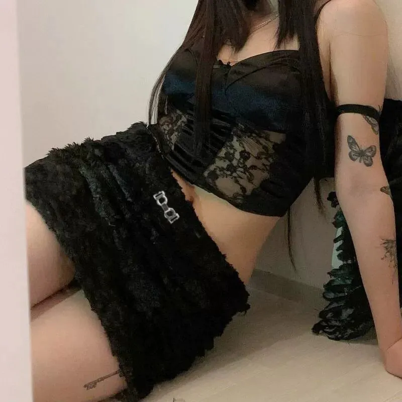 Uveng Uveng Women's Winter 2024 New Fashion Sexy Pure Hair Warm Mini Hip Skirt Short Skirt
