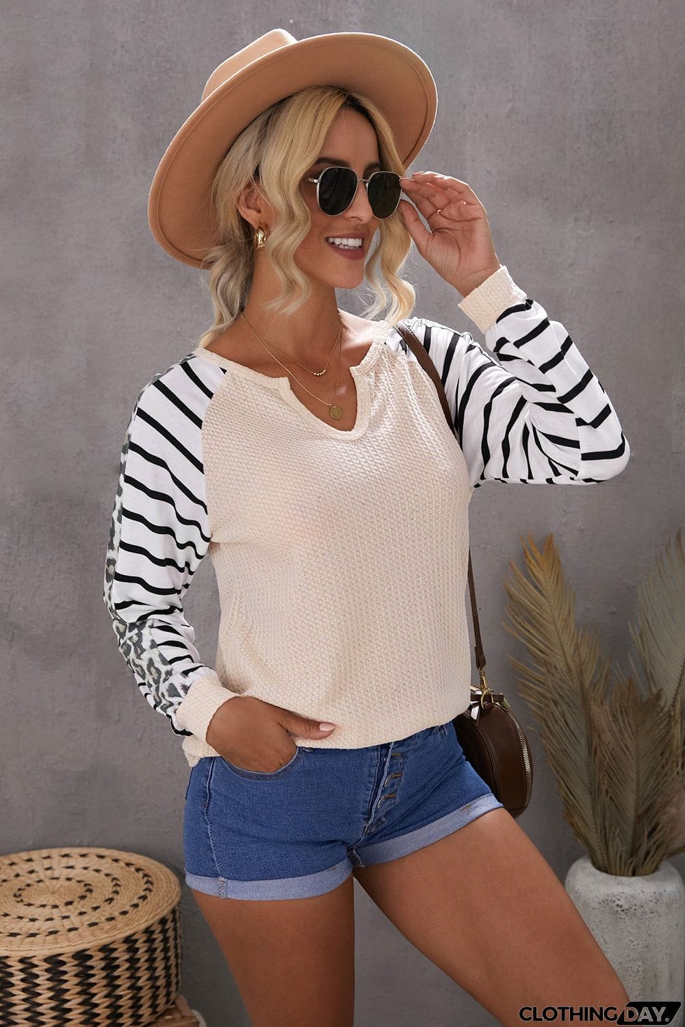 Animal Striped Sleeve Patchwork Waffle Knit Top