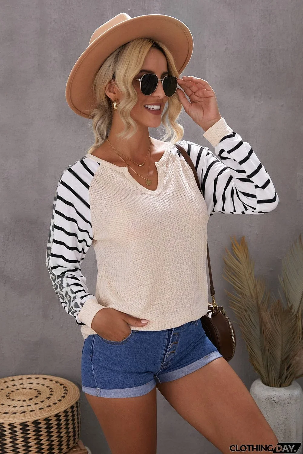 Animal Striped Sleeve Patchwork Waffle Knit Top