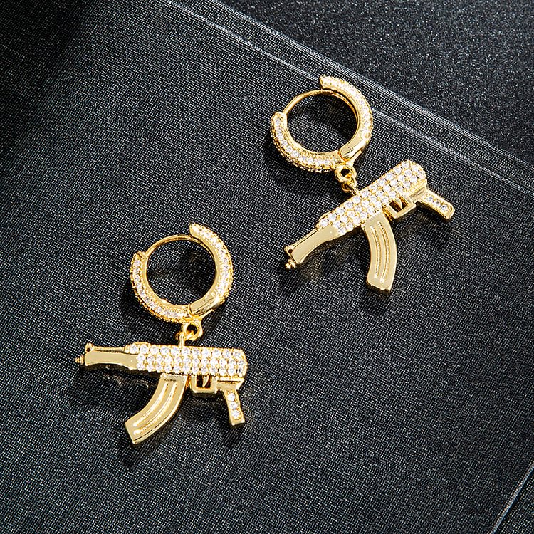 Hip Hop MP5 Submachine Gun Gold Earrings For Men Iced Out Zircon Jewelry