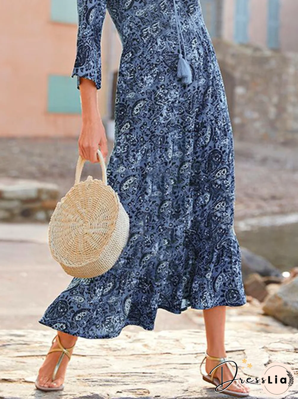 Casual Ethnic Autumn V neck Natural Micro-Elasticity Daily Long Regular Dresses for Women