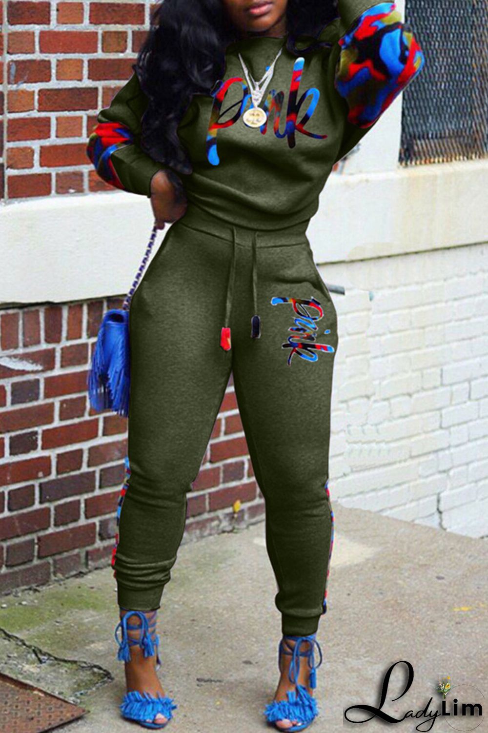 Black Fashion Casual Letter Print Patchwork O Neck Long Sleeve Two Pieces