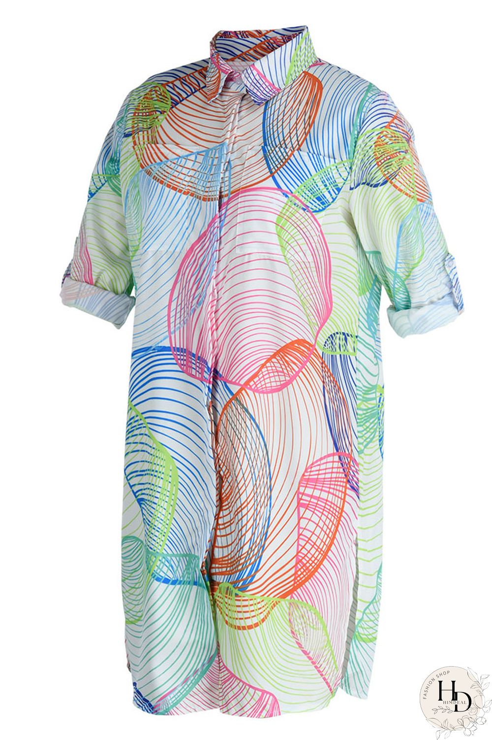 Sky Blue Casual Print Patchwork Buckle Turndown Collar Tops