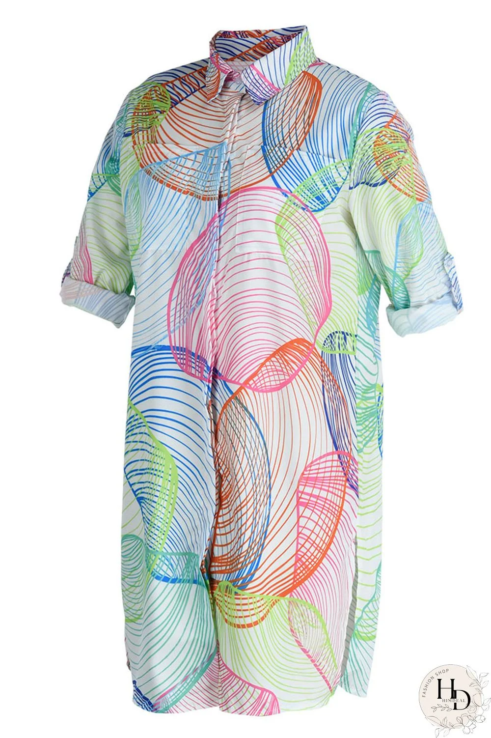 Sky Blue Casual Print Patchwork Buckle Turndown Collar Tops