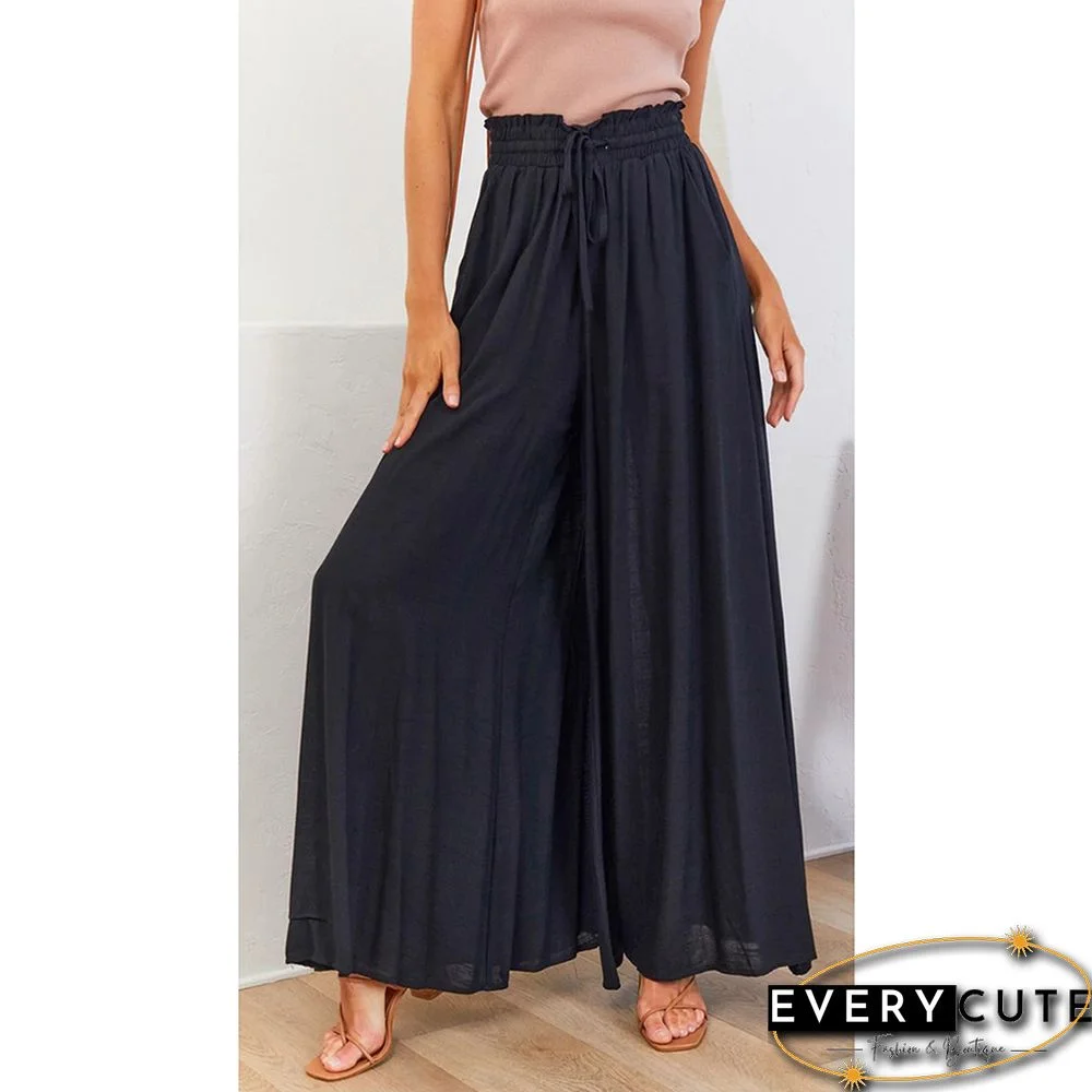 Black Elastic Waist High Waist Wide Leg Pants