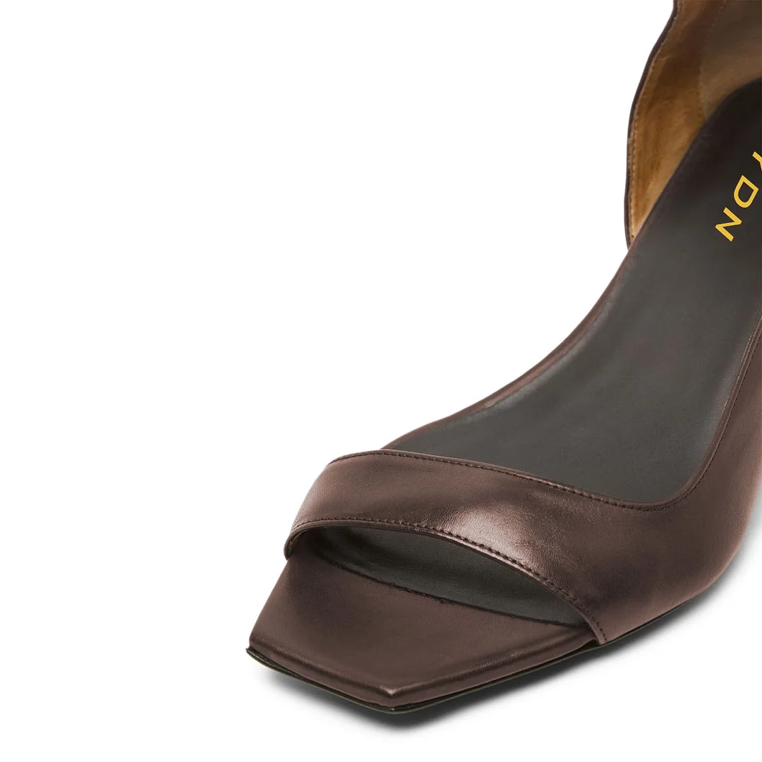 Brown Open Square Toe Strappy Women's Heel Sandals with Zipper