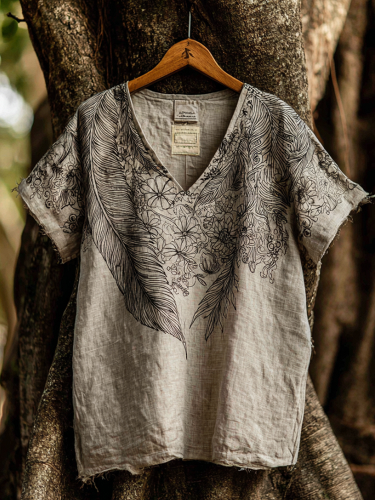 Western-style Desert Flower Small V-neck Short-sleeved Shirt