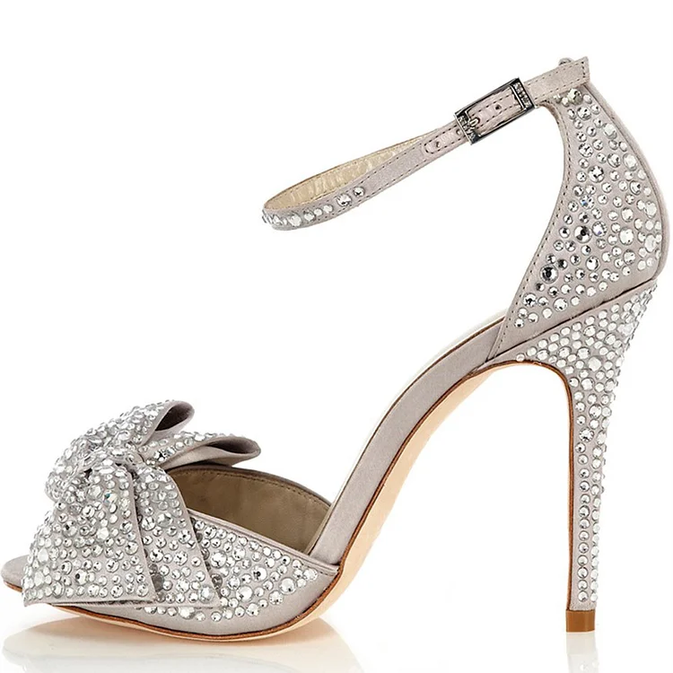 Light Grey Ankle Strap Sandals Rhinestone Hotfix Bow Bridal Sandals |FSJ Shoes