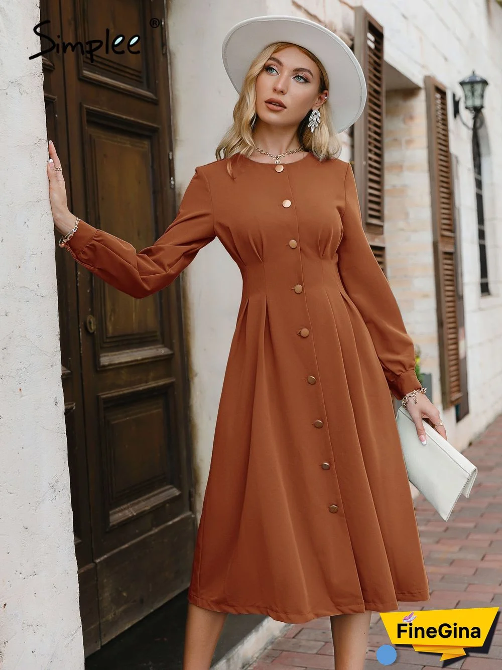 Vintage A-line buttons women dress autumn Elegant o-neck blue midi dresses Office lady female long sleeves solid vestido