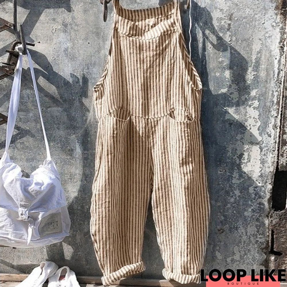 Strap Striped Jumpsuit Wide Leg Pants Linen