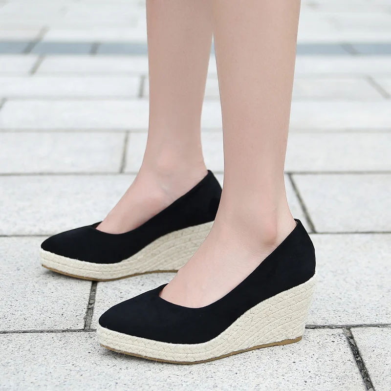 Wongn Wongn New Wedge Wedge Single Shoes Women's Shallow Pointed Thick Grass Woven High Heel Women's Shoes Thick Heel