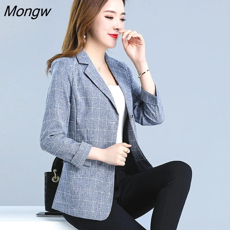 Mongw Women Spring Plaid Korean Style Single-breasted Office Ladies Loose XL-5XL Casual Elegant Fashion Womens Outwear Chic