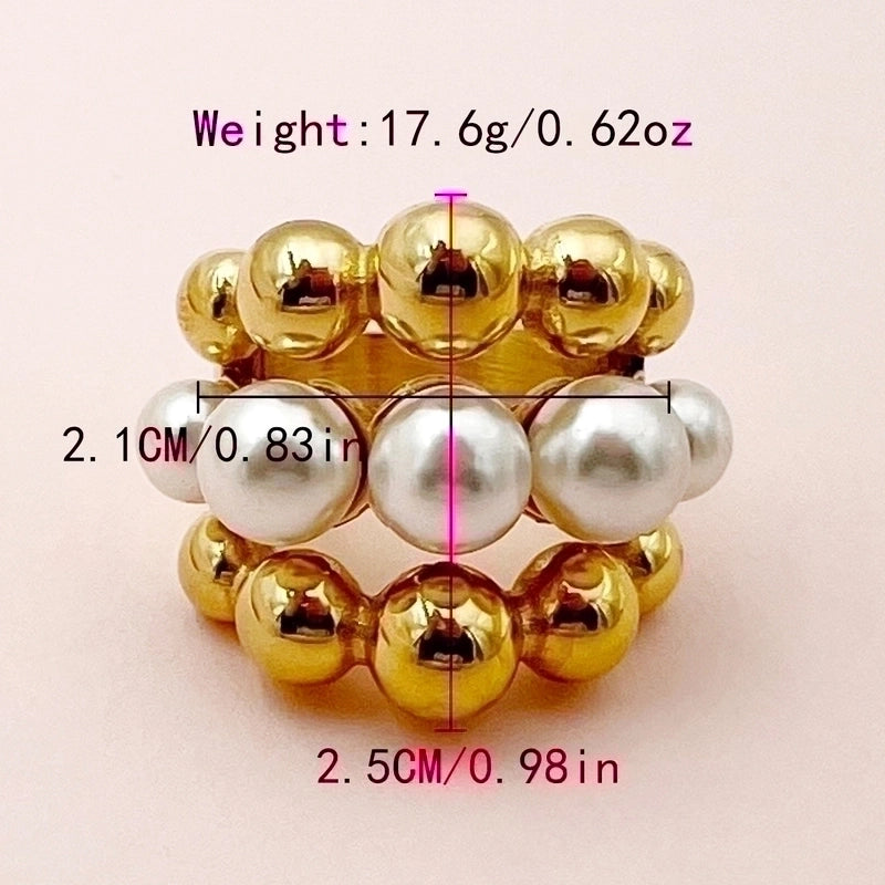 304 Stainless Steel 14K Gold Plated Vintage Style Minimalist Plating Hollow Out Inlay Round Pearl Rings