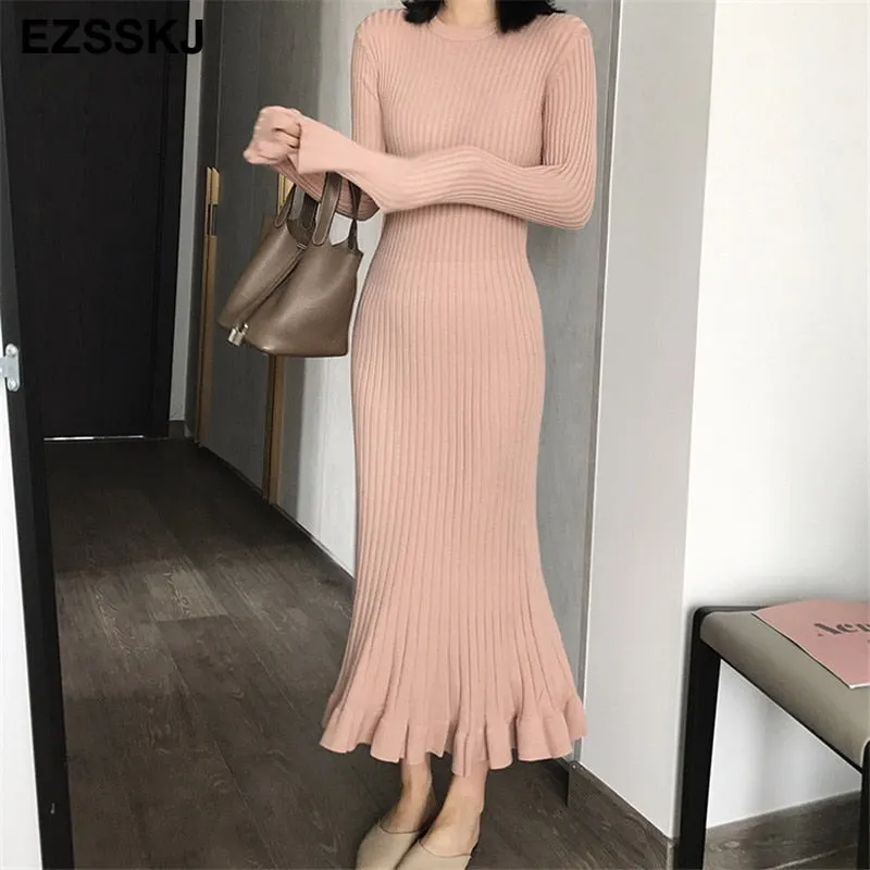 2022 autumn winter thick mermaid maxi sweater dress women o-neck long sweater dress elegant female a-line slim sexy knit dress