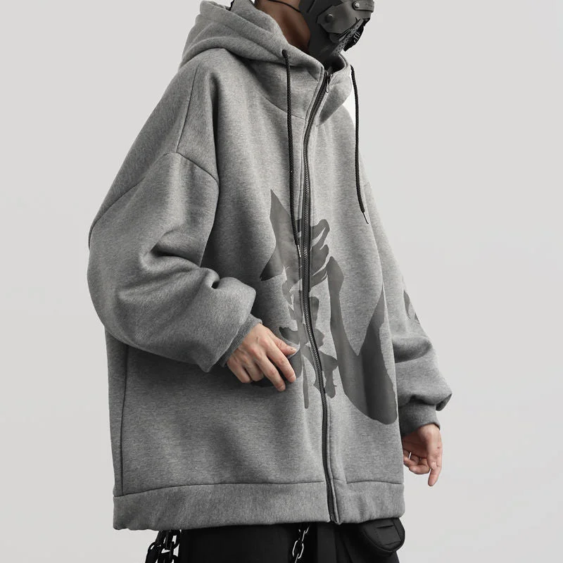 Men's Velvet Hooded Chinese Characters Plush Winter Loose Couple Zipper Hip Hop Harajuku Streetwear Cotton Hoodie Oversized