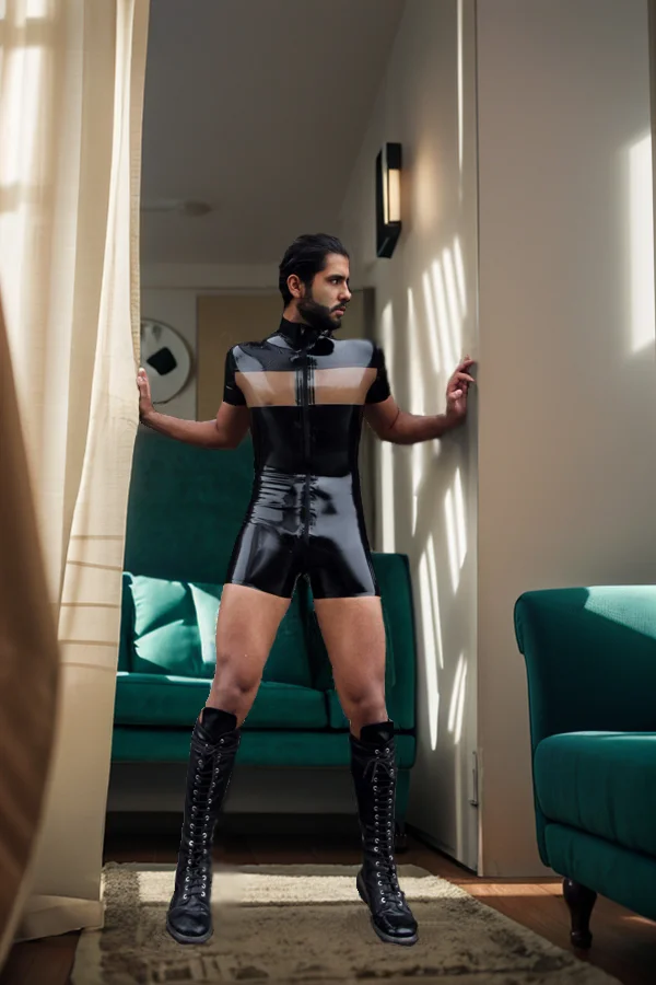 Men's Latex Bodysuits Dual Tones Short-Sleeved Latex Short Suit - Transparent Panels & High Collar