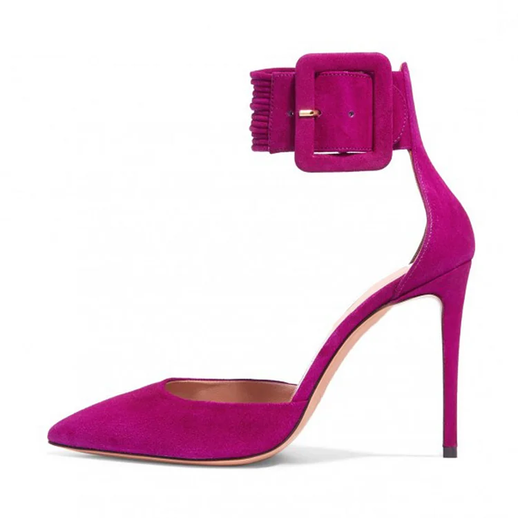 Fuchsia Buckle Pointed Toe Pumps Vegan Suede Ankle Strap Heels |FSJ Shoes