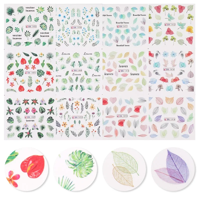 12Pcs Leopard Water Decals Sticker Hollow Floral Flower Leaves Geometry Water Transfer Watermark Foil Slider Decoration