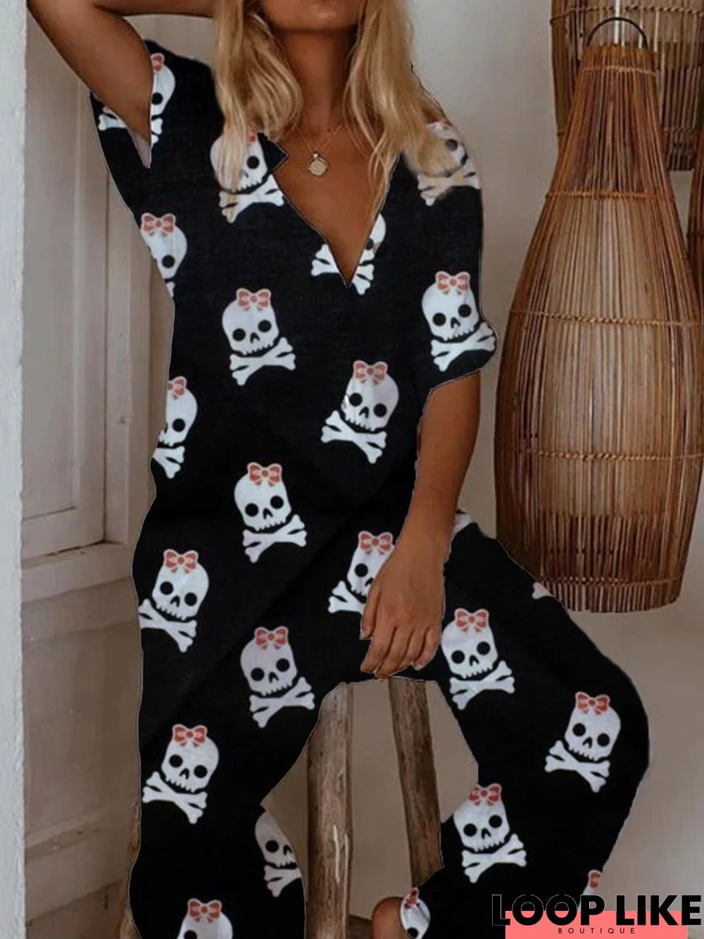 Long Sleeve Skull Printed Shift Jumpsuit & Romper