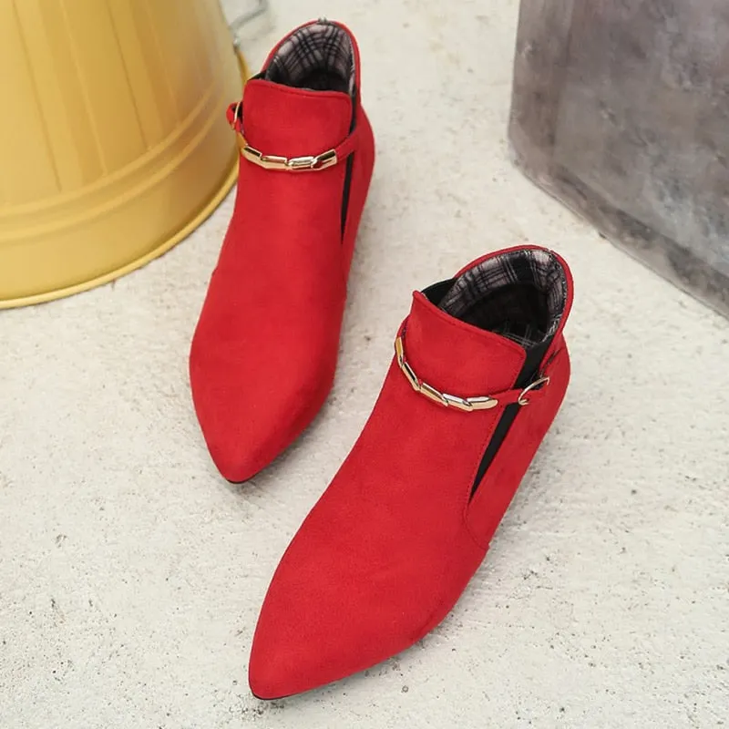 Women Ankle Boots Buckle Strap Plus Size Ladies Thin High Heels Female Flock Metal Elastic Band Autumn Winter Warm Classic Shoes