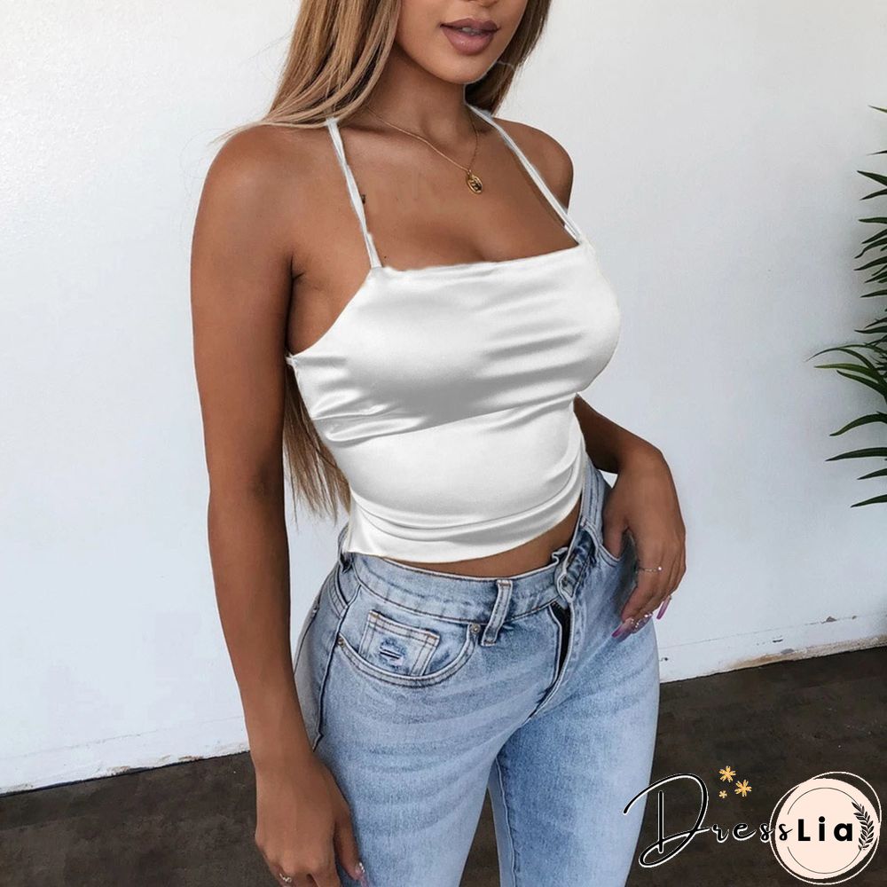High Quality New Fashion Women Sexy Style Satin Silk Backless Back Bandage Vest Blouse Tops Strappy Summer Beach Cami Tank