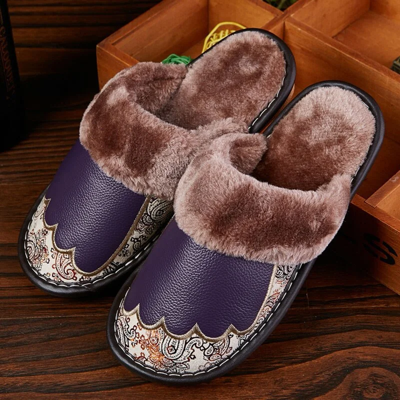 Genuine Leather Slippers Women Luxury Velvet Fur Slippers Pattern House Slippers Winter Indoor Slippers Living Soft Shoes Women